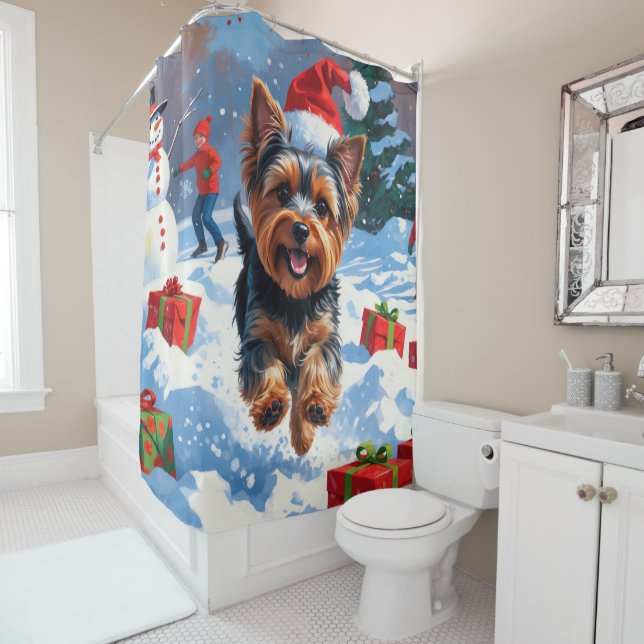 Yorkshire Terrier in Snow with Christmas Hat (In Situ)