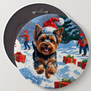 Yorkshire Terrier in Snow with Christmas Hat 6 Inch Round Button