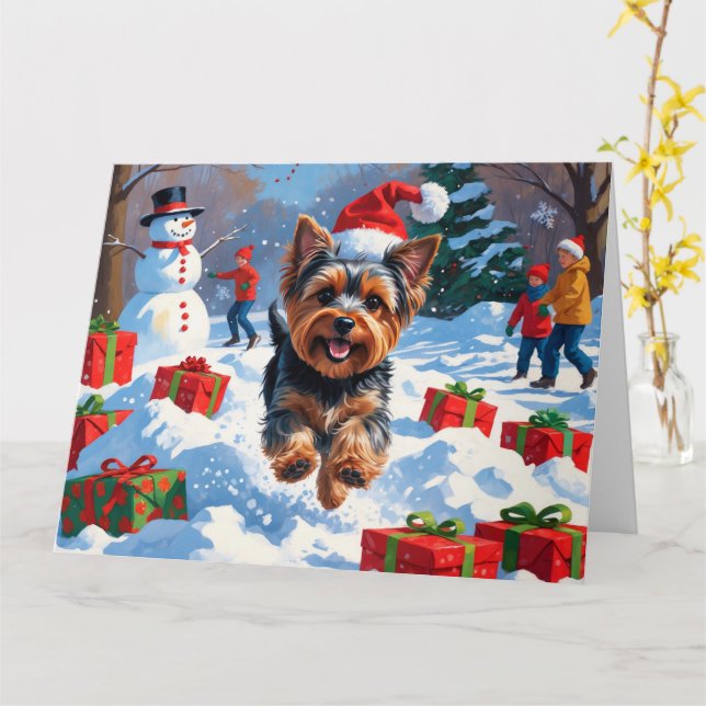 Yorkshire Terrier in Snow with Christmas Hat Card (Yellow Flower)