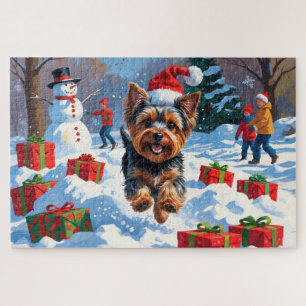 Yorkshire Terrier in Snow with Christmas Hat Jigsaw Puzzle