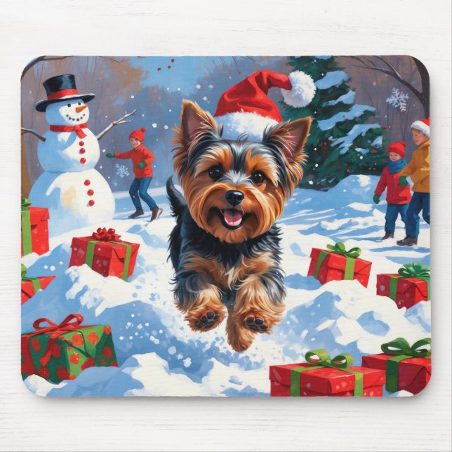 Yorkshire Terrier in Snow with Christmas Hat Mouse Pad (Front)