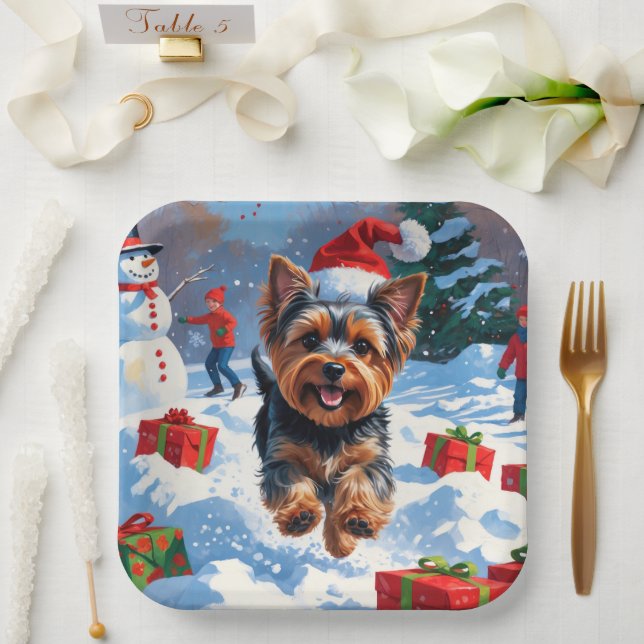 Yorkshire Terrier in Snow with Christmas Hat Paper Plate (Wedding)