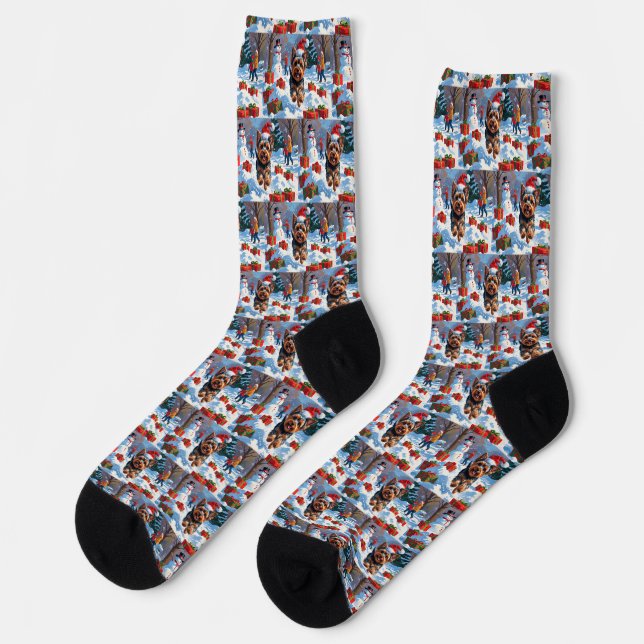 Yorkshire Terrier in Snow with Christmas Hat Socks (Left)