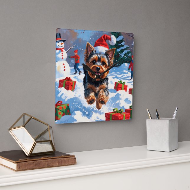 Yorkshire Terrier in Snow with Christmas Hat Square Wall Clock (Office)