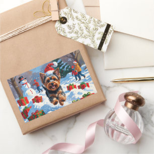 Yorkshire Terrier in Snow with Christmas Hat Sticker