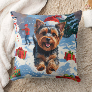 Yorkshire Terrier in Snow with Christmas Hat Throw Pillow