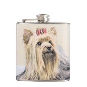 Yorkshire Terrier Painting - Cute Original Dog Art Hip Flask