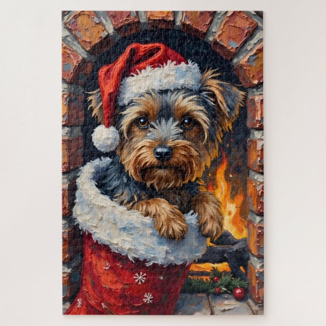 Yorkshire Terrier Peeking from Christmas Stocking  Jigsaw Puzzle (Vertical)