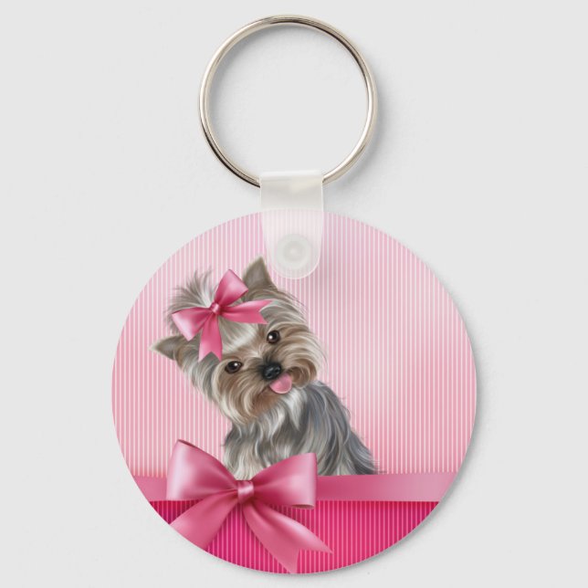 Yorkshire Terrier Pink Princess Yorkie Puppy Dog Keychain (Front)