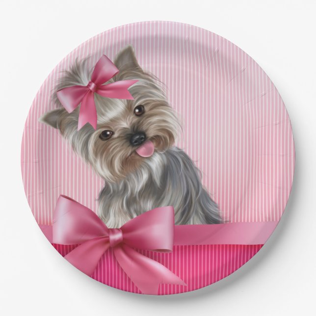 Yorkshire Terrier Pink Princess Yorkie Puppy Dog Paper Plate (Front)