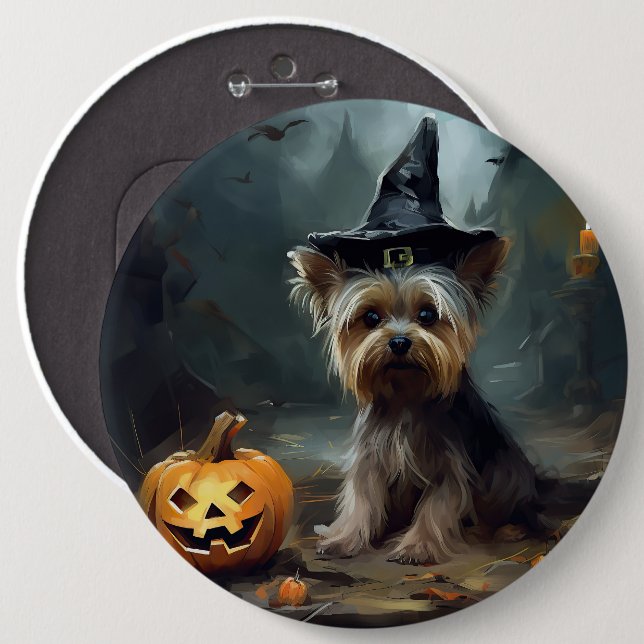 Yorkshire Terrier Pumpkins Halloween Scary  6 Inch Round Button (Front & Back)
