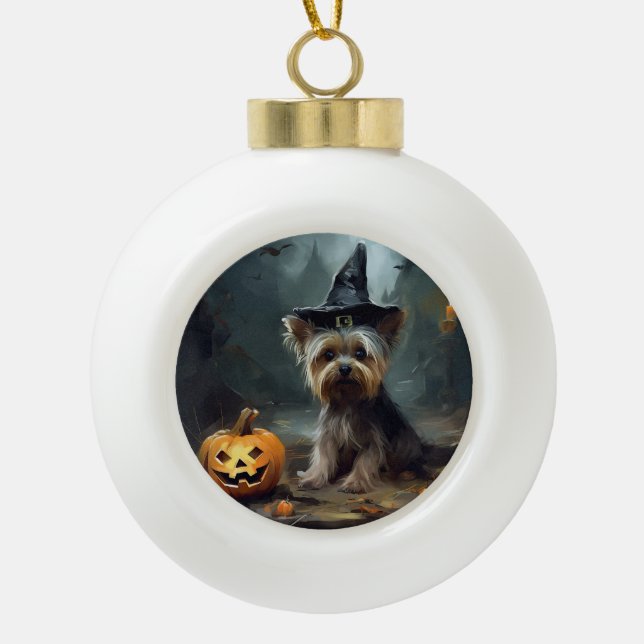 Yorkshire Terrier Pumpkins Halloween Scary  Ceramic Ball Christmas Ornament (Front)