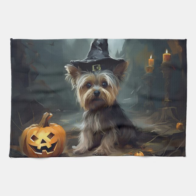 Yorkshire Terrier Pumpkins Halloween Scary  Kitchen Towel (Horizontal)
