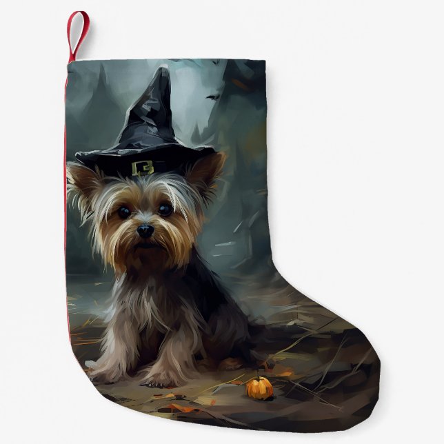 Yorkshire Terrier Pumpkins Halloween Scary  Small Christmas Stocking (Front)