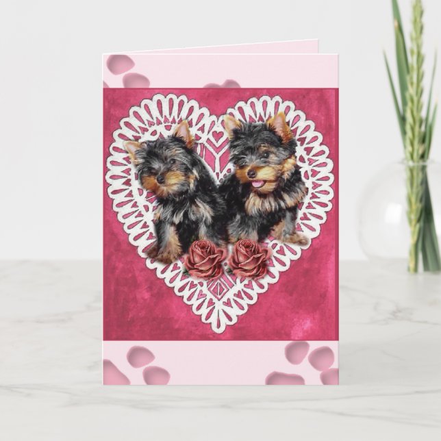 Yorkshire Terrier Puppies Valentines Holiday Card (Front)