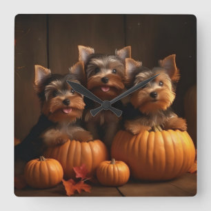 Yorkshire Terrier Puppy Autumn Delight Pumpkin  Square Wall Clock