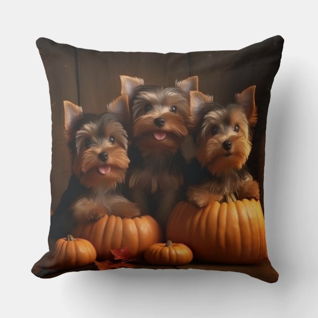 Yorkshire Terrier Puppy Autumn Delight Pumpkin  Throw Pillow (Front)