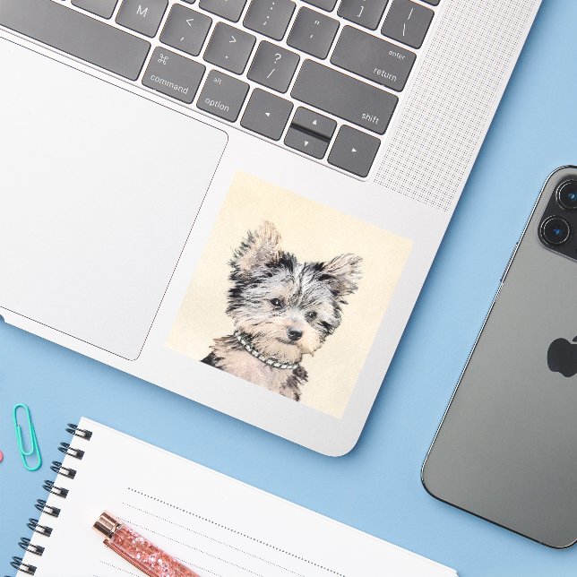 Yorkshire Terrier Puppy Painting Original Dog Art (Laptop w/ iPhone)