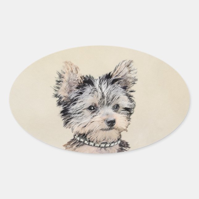 Yorkshire Terrier Puppy Painting Original Dog Art Oval Sticker (Front)