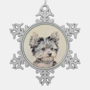 Yorkshire Terrier Puppy Painting Original Dog Art Snowflake Pewter Christmas Ornament