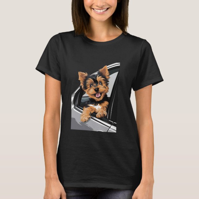 Yorkshire Terrier Puppy Peeking Out Of A Car Windo T-Shirt (Front)