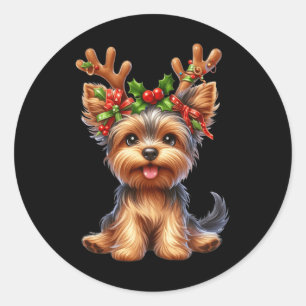 Yorkshire Terrier Reindeer Santa Hat Xmas Lights C Classic Round Sticker