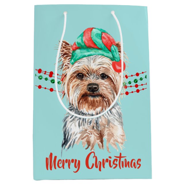 Yorkshire Terrier Santa Hat Holiday String Beads Medium Gift Bag (Front)