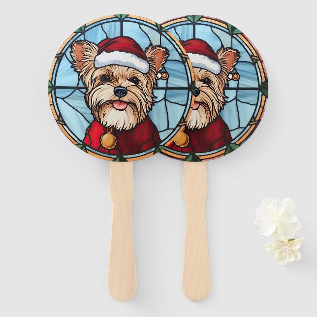 Yorkshire Terrier Stained Glass Christmas Hand Fan (Front and Back)