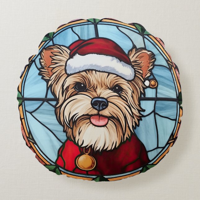Yorkshire Terrier Stained Glass Christmas Round Pillow (Front)