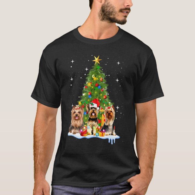 Yorkshire Terrier Tree Merry Christmas T-Shirt (Front)