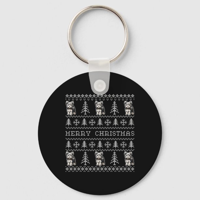 Yorkshire Terrier Ugly Christmas Sweater Funny Dog Keychain (Front)