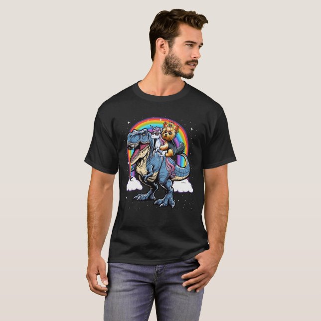  Yorkshire Terrier Unicorn Riding on T rex Dino T-Shirt (Front Full)