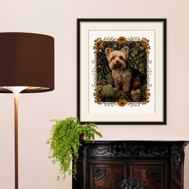 Yorkshire Terrier Vintage Floral Tapestry Poster (Mat and frame are not included.)