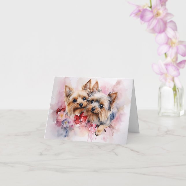 Yorkshire Terrier Watercolor Valentine's Pair Card (Orchid)