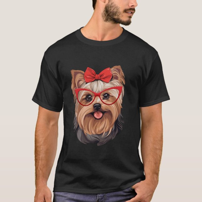 Yorkshire Terrier Wearing Red Glasses And Headband T-Shirt (Front)