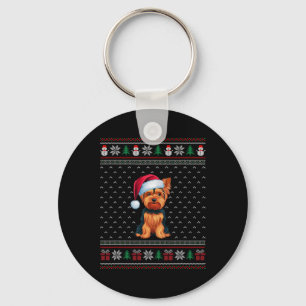 Yorkshire Terrier Wearing Santa Hat Ugly Xmas Dog Keychain