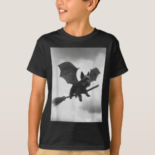 Yorkshire Terrier Witch Broom Bat Wings Spooky T-Shirt