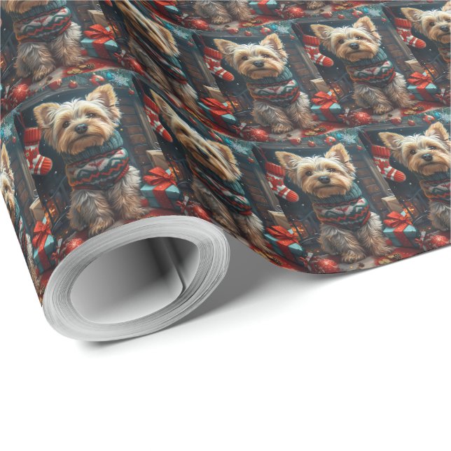 Yorkshire Terrier With Christmas Gifts Fireplace Wrapping Paper (Roll Corner)