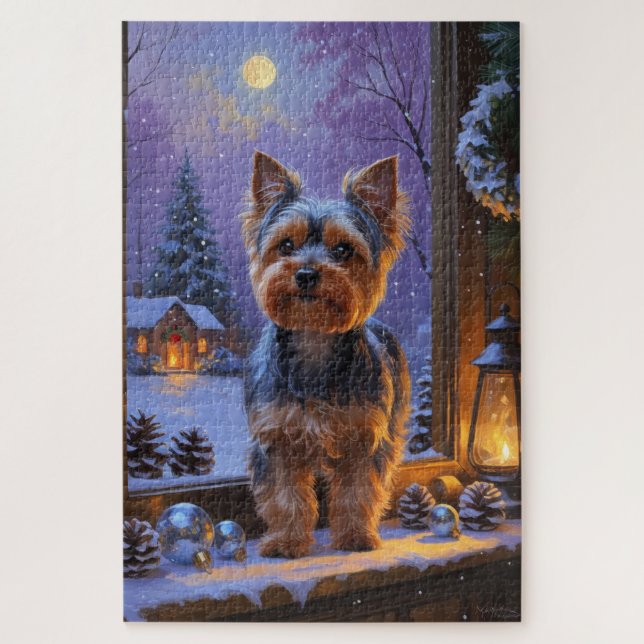 Yorkshire Terrier With Christmas Lights Holiday Jigsaw Puzzle (Vertical)