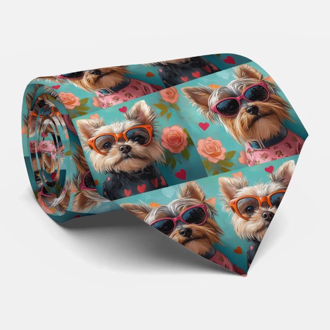 Yorkshire Terrier with Heart Roses Valentine's Day Tie (Rolled)