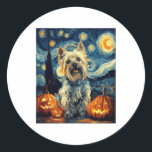 Yorkshire terrier Yorkie Dog of van gogh starry ni Classic Round Sticker<br><div class="desc">Yorkshire terrier Yorkie Dog of van gogh starry night halloween Funny Jack O Lantern Face subtle graphic t shirt   Happy Halloween</div>