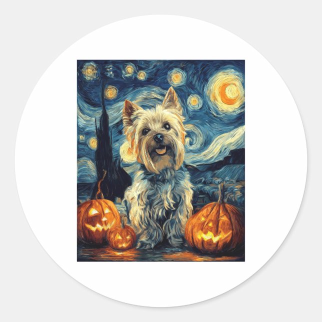 Yorkshire terrier Yorkie Dog of van gogh starry ni Classic Round Sticker (Front)