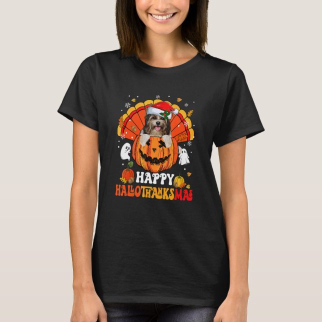 Yorkshire Terriers Dog Happy Hallothanksmas Hallow T-Shirt (Front)