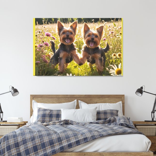 Yorkshire Terriers Playing in the Grass Canvas Print (Insitu(Bedroom))