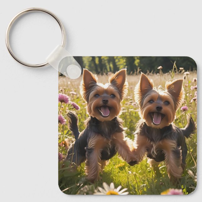 Yorkshire Terriers Playing in the Grass Keychain (Front)