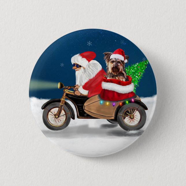 Yorkshire Terrier's Ride Santa Claus on Motorcycle 2 Inch Round Button (Front)