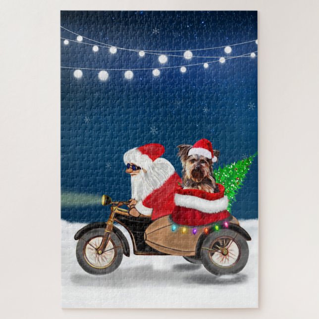 Yorkshire Terrier's Ride Santa Claus on Motorcycle Jigsaw Puzzle (Vertical)