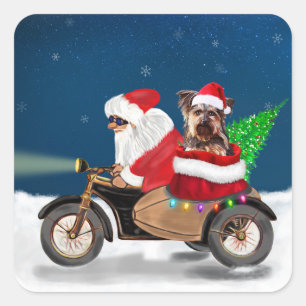 Yorkshire Terrier's Ride Santa Claus on Motorcycle Square Sticker