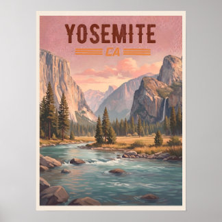 Yosemite California – Sunset Valley & Waterfall Poster