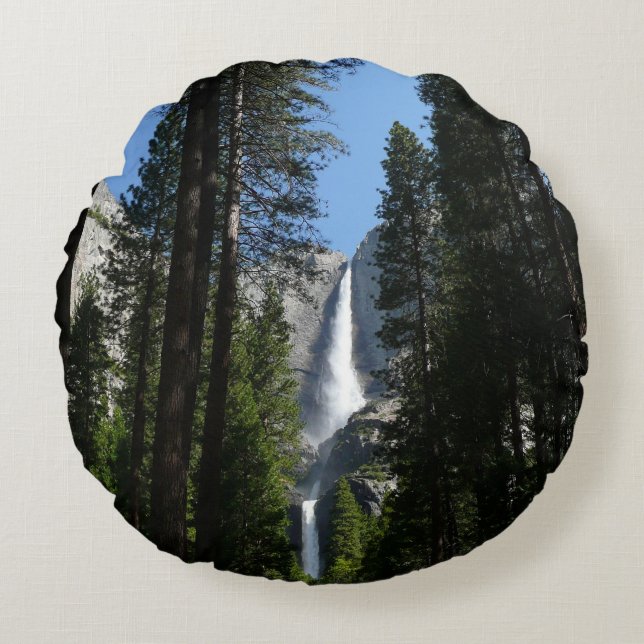 Yosemite Falls and Woods Landscape Photography Round Pillow (Front)